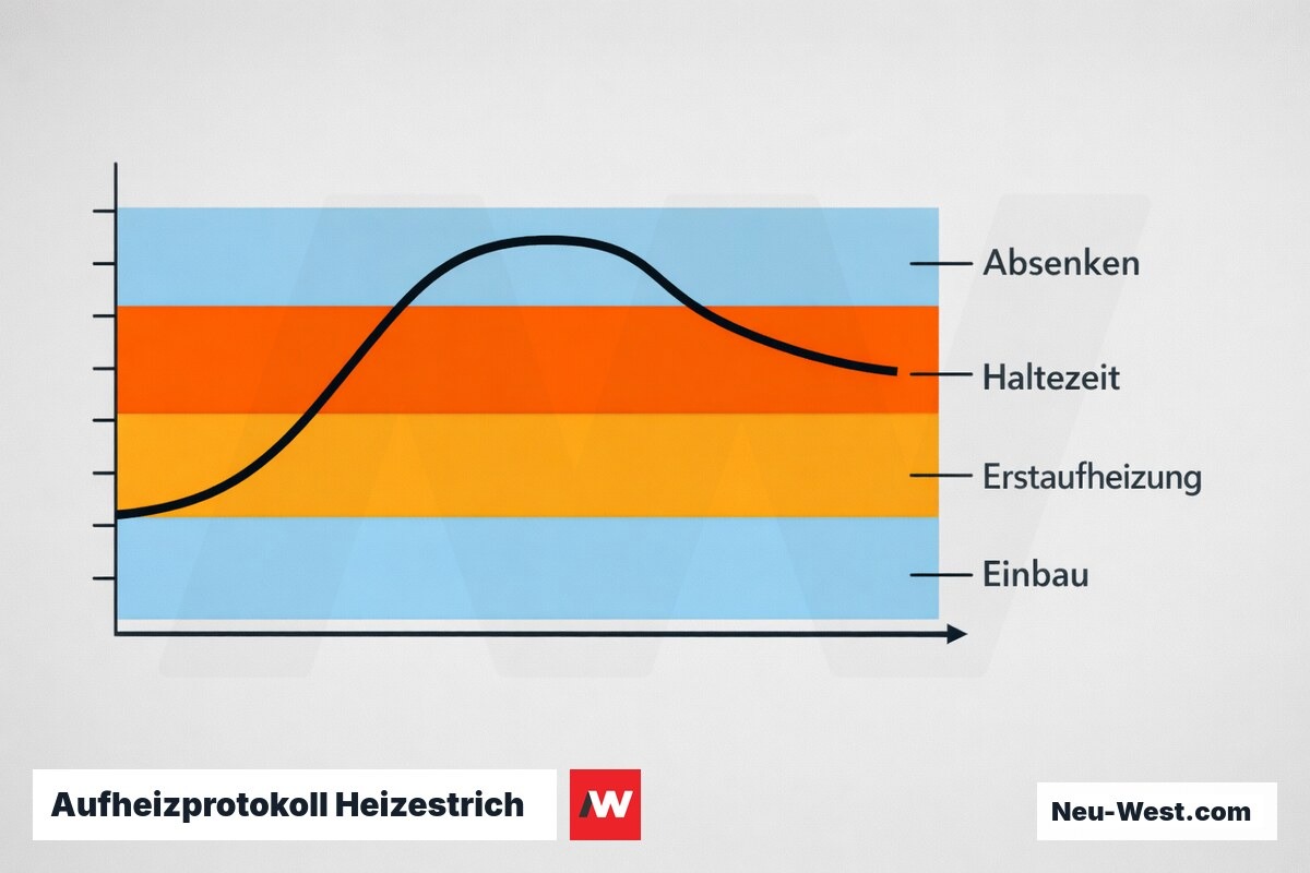 Aufheizprotokoll Heizestrich nach DIN EN 1264-4 – Erklär-Grafik (NEUWEST Berlin)