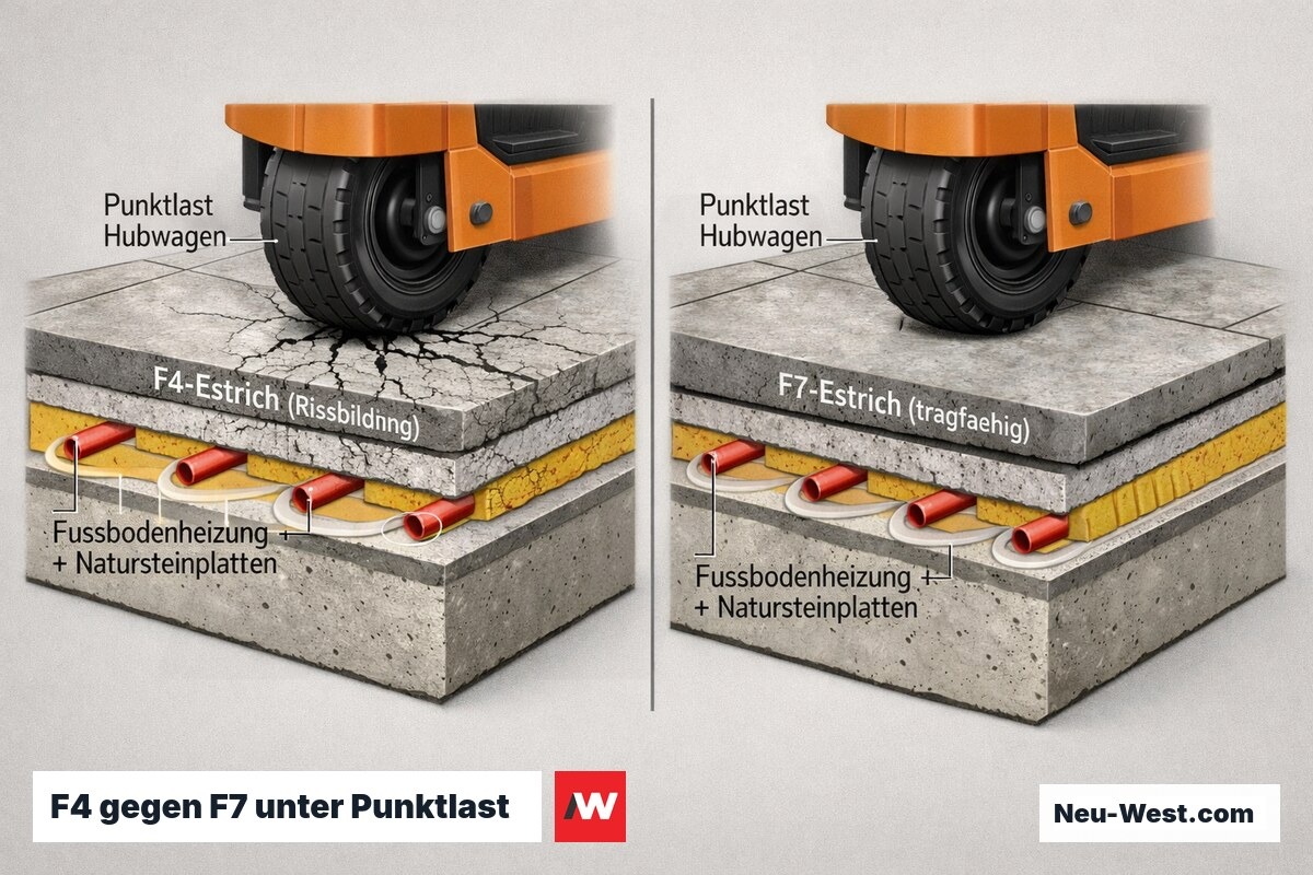 Querschnitt-Vergleich: F4-Estrich zerbricht unter Hubwagen-Punktlast, F7-Estrich mit Fußbodenheizung und Natursteinplatten bleibt tragfähig.