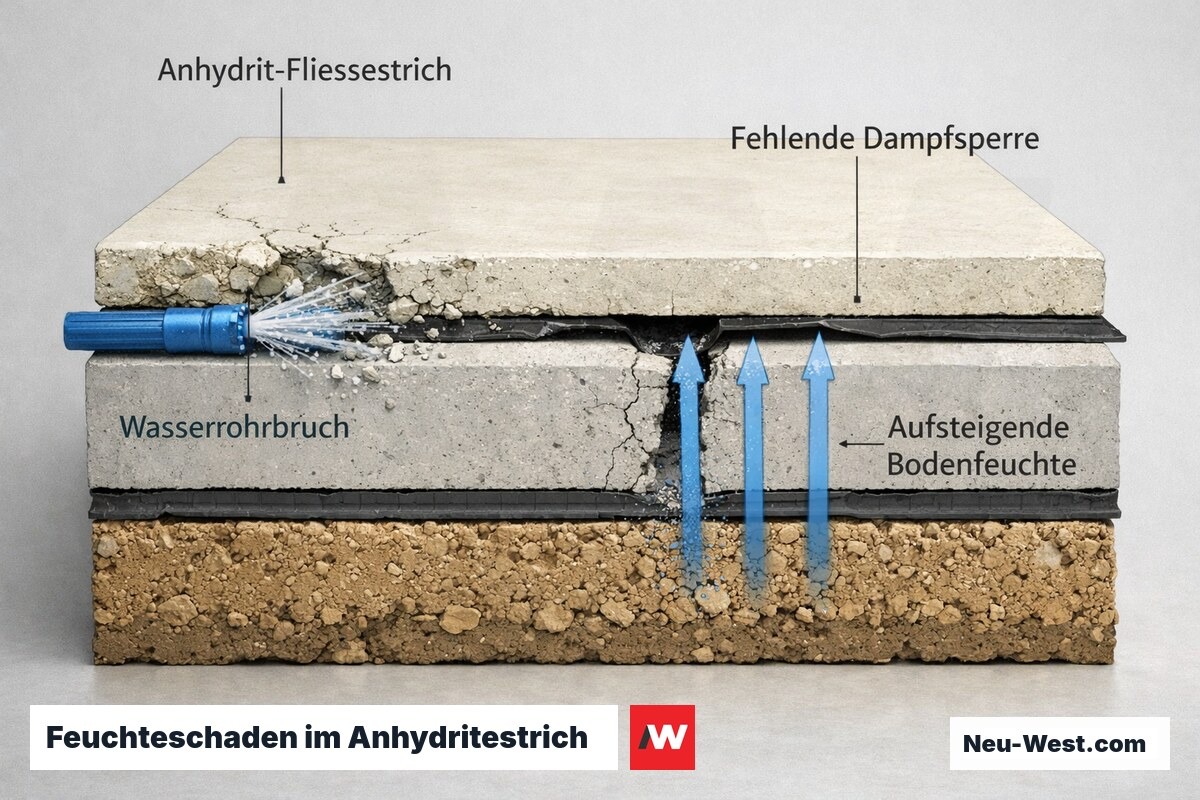 Querschnitt Erdgeschoss-Fußboden: Anhydritestrich über Dämmung und Bodenplatte, aufsteigende Feuchte durch defekte Dampfsperre und Rohrbruch zersetzt den Estrich.