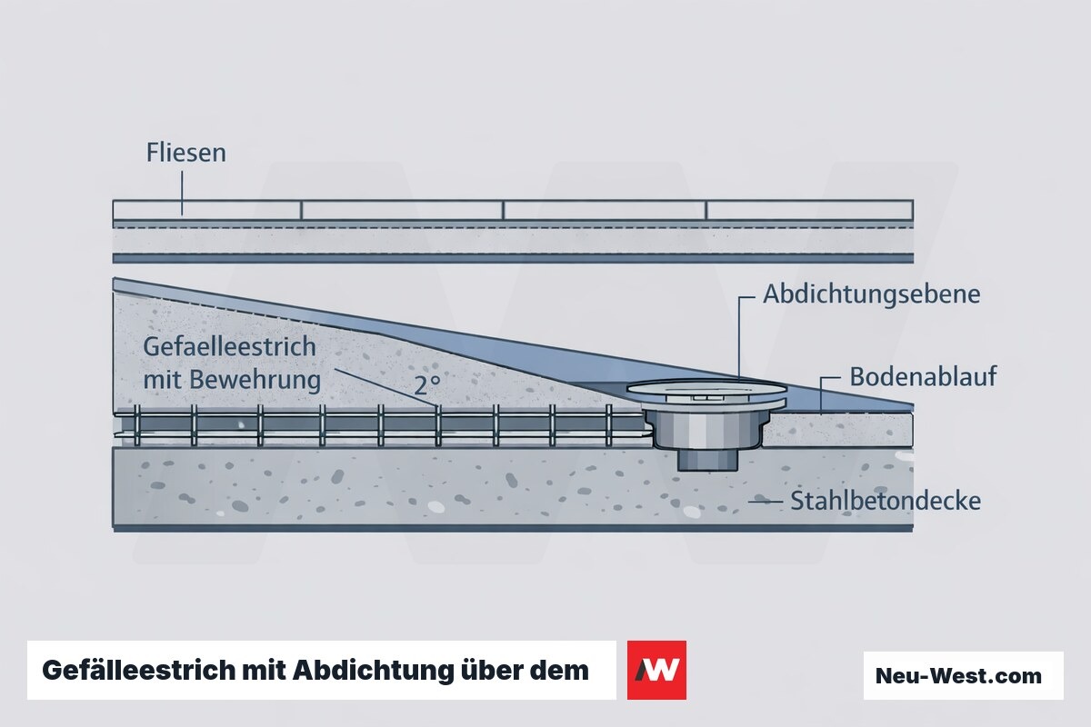 Querschnitt eines Nassbereich-Bodens: Gefälleestrich mit Bewehrung, darüber liegende Abdichtungsebene, Fliesen und Bodenablauf über Stahlbetondecke.