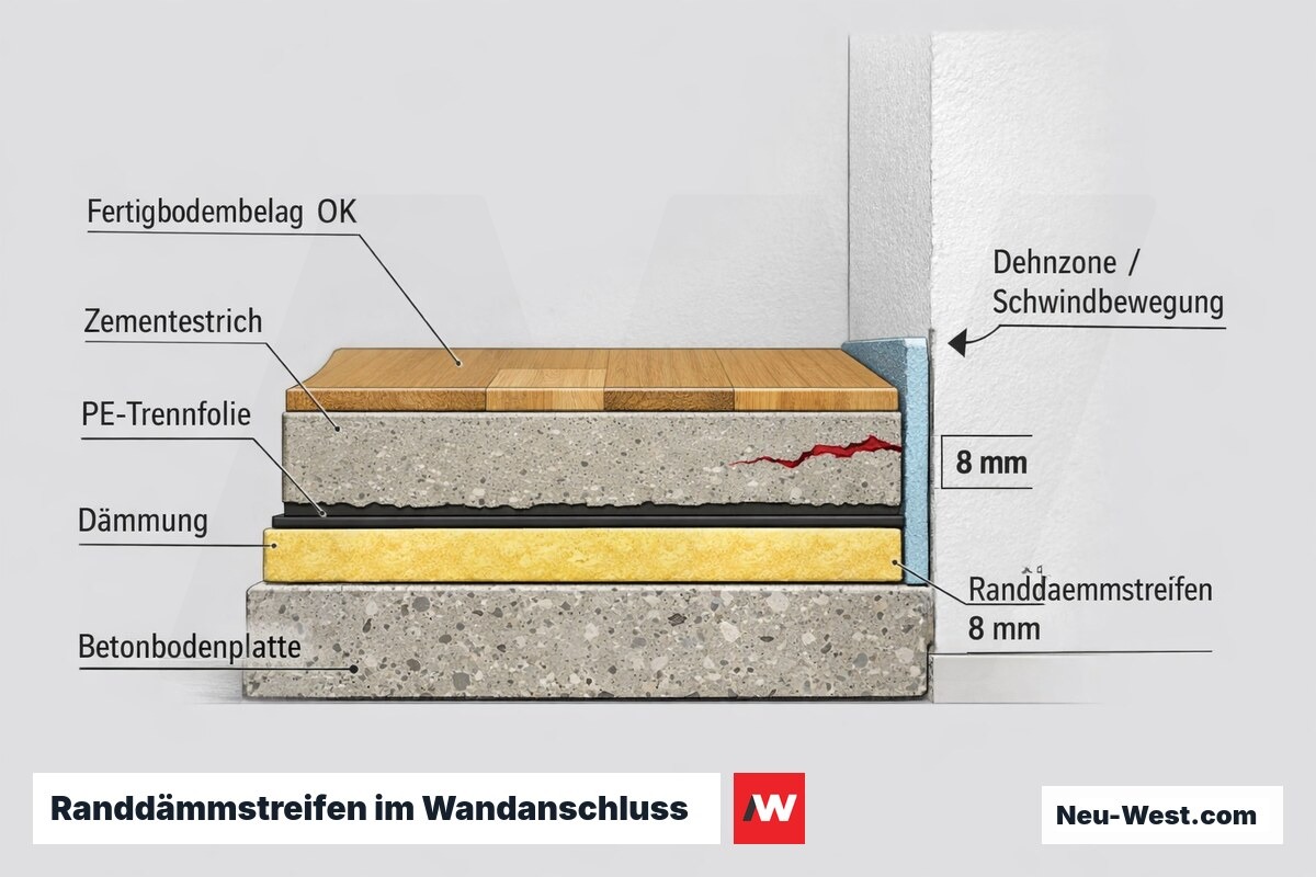 Querschnitt Wandanschluss: 8-mm-Randdämmstreifen zwischen Zementestrich und Wand, reicht bis Oberkante Fertigbodenbelag, mit Schwindbewegung und Rissbildung.