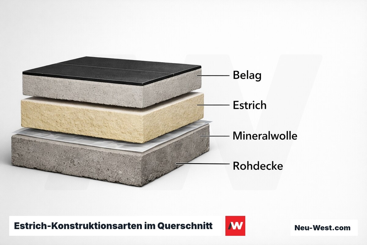 Estrich-Konstruktionsarten im Querschnitt: Verbundestrich, Trennlage und schwimmend – Erklär-Grafik (NEUWEST Berlin)