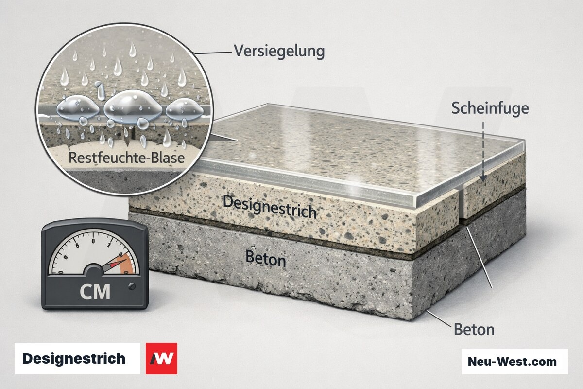 Querschnitt eines Designestrichs mit Versiegelung, eingeschlossener Restfeuchte-Blase, CM-Messung und vorgeplanter Scheinfuge.