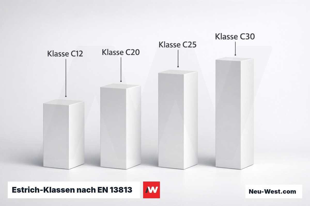 Estrich-Klassen nach EN 13813: Druckfestigkeit C und Biegezug F im Vergleich – Erklär-Grafik (NEUWEST Berlin)