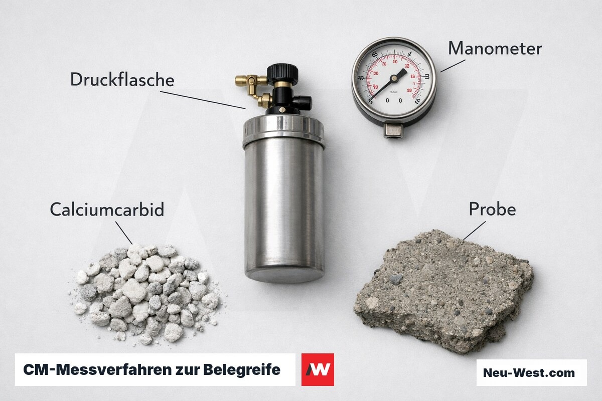 CM-Messverfahren zur Belegreife: Zementestrich, Calciumsulfat und Heizestrich – Erklär-Grafik (NEUWEST Berlin)