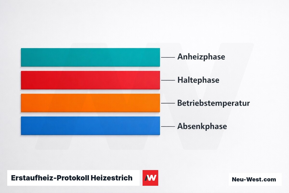 Erstaufheiz-Protokoll Heizestrich nach EN 1264-4: Temperaturphasen und Haltezeiten – Erklär-Grafik (NEUWEST Berlin)