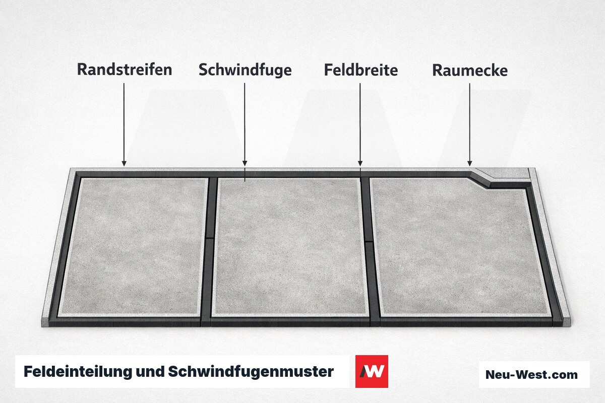 Feldeinteilung und Schwindfugenmuster: Maximalfelder, Randstreifen und Fugenanordnung – Erklär-Grafik (NEUWEST Berlin)