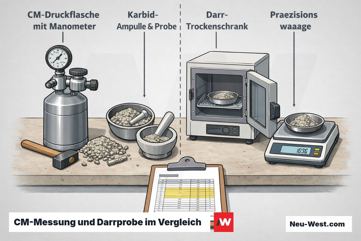 Vergleich zweier Belegreife-Messmethoden: CM-Druckflasche mit Karbidampulle links, Darr-Trockenschrank mit Präzisionswaage rechts, Herstellerdatenblatt in der Mitte.