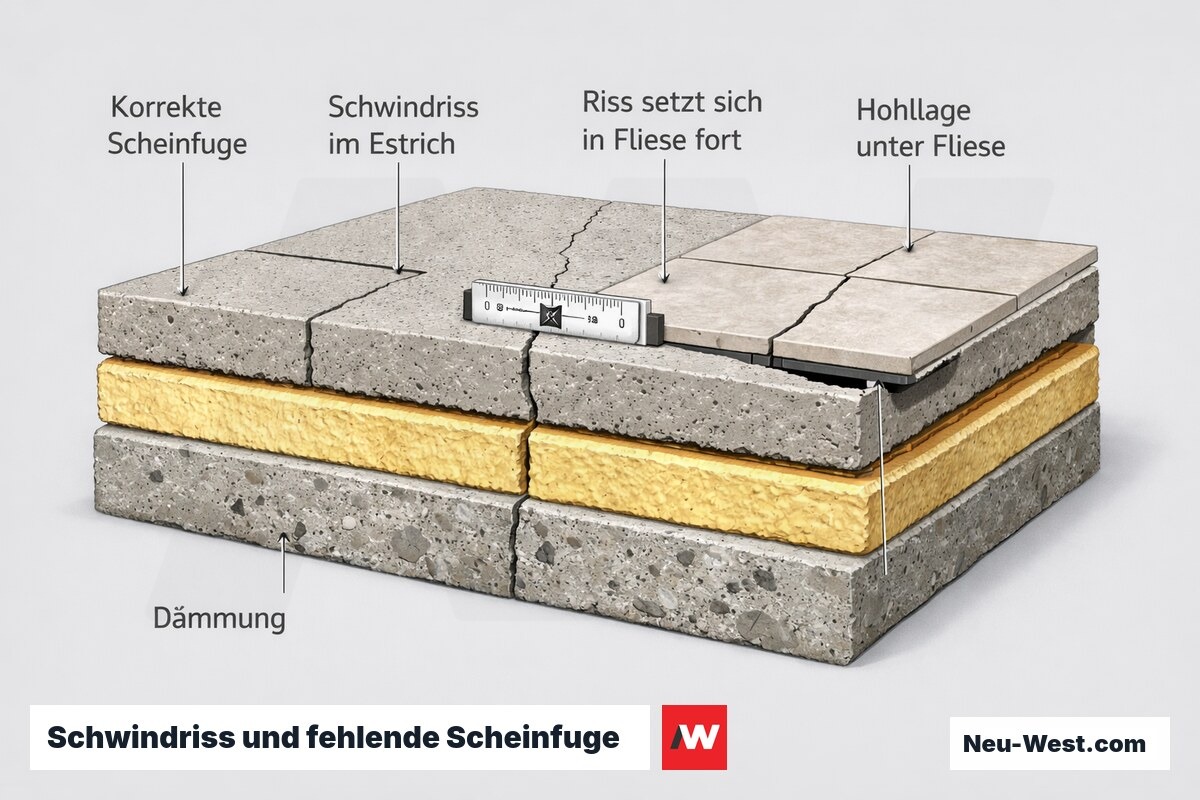 Querschnitt eines Fußbodens: Schwindriss im Estrich, korrekte Scheinfuge gegenüber fehlender Fuge mit Rissfortsetzung in die Fliese und Hohllage.