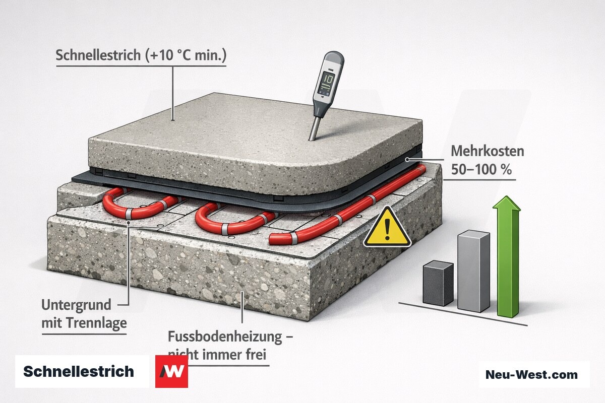 Querschnitt Schnellestrich mit Temperaturgrenze, eingebetteter Fußbodenheizung und Kostenvergleich zu Standard-CT.