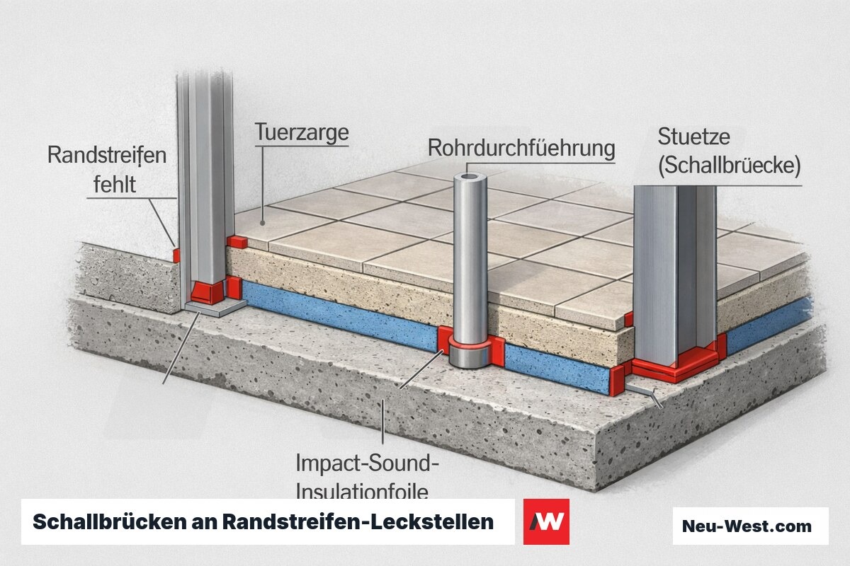 Querschnitt schwimmender Estrich: fehlender Randstreifen an Türzarge, Rohrdurchführung und Stütze bildet Schallbrücken zur Wand.