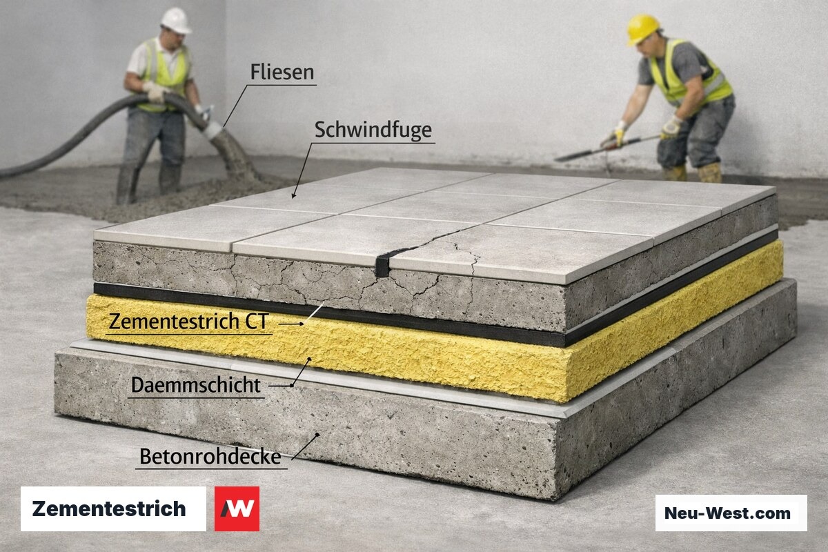 Querschnitt schwimmender Zementestrich mit Dämmung, Trennlage und Schwindfugen auf Betonrohdecke
