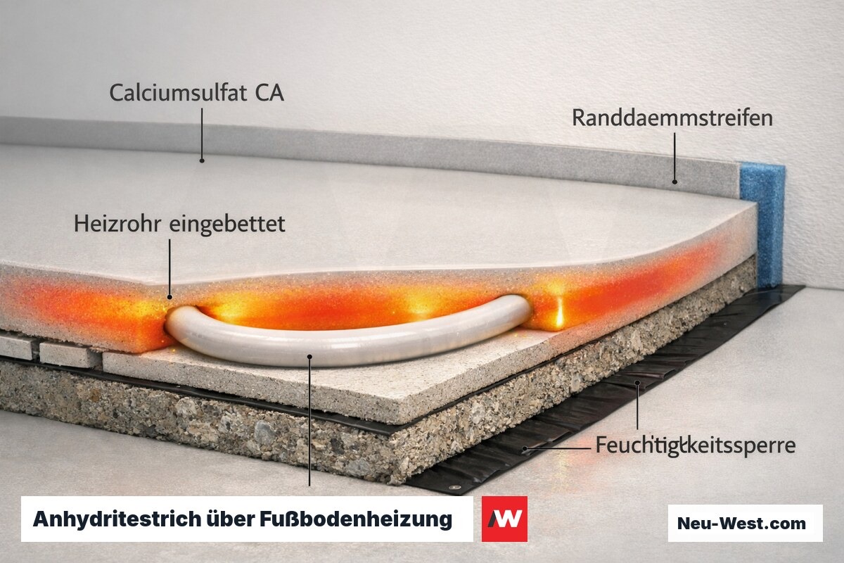 Anhydritestrich umschließt Heizrohre vollständig, glatte Oberfläche, Feuchtigkeitsschutz an Wandanschlüssen