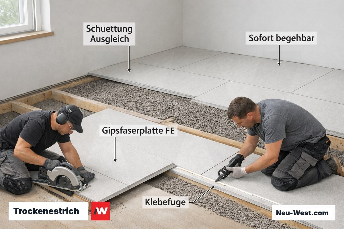 Trockenestrich-Verlegung mit Gipsfaserplatten auf Schüttausgleich, kein Wassereinbau, sofort begehbar