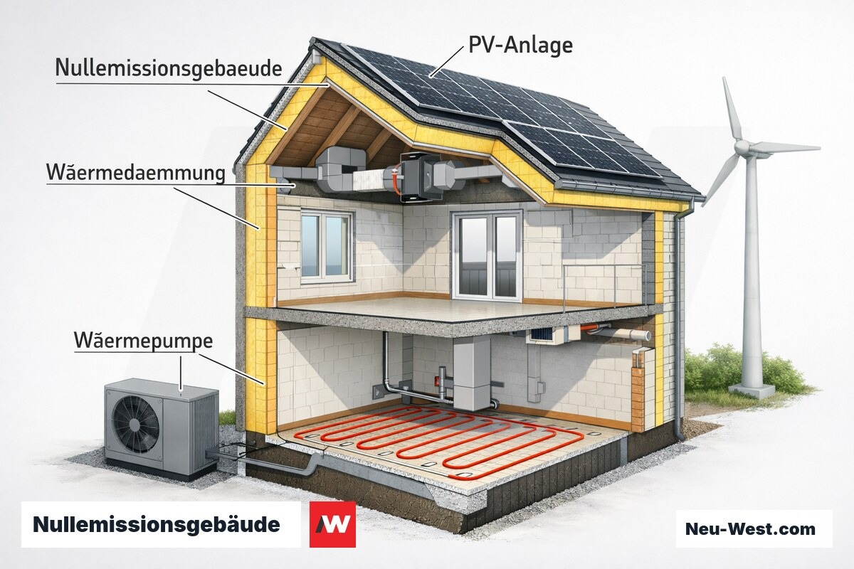 Querschnitt eines Nullemissionsgebäudes mit Dämmung, Wärmepumpe, Photovoltaik und Lüftungsanlage mit Wärmerückgewinnung