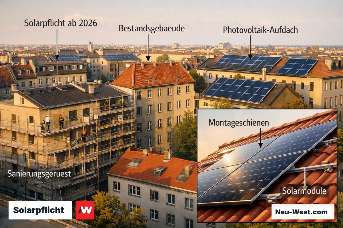 Luftbild eines Stadtblocks mit Solaranlagen auf Dächern und Gebäuden in verschiedenen Sanierungsstadien