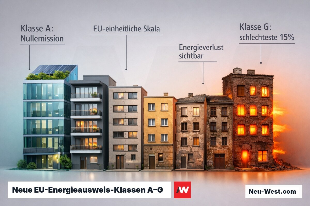 Sieben Gebäudefassaden symbolisieren die EU-Energieausweis-Skala von A Nullemission bis G schlechteste Gebäude