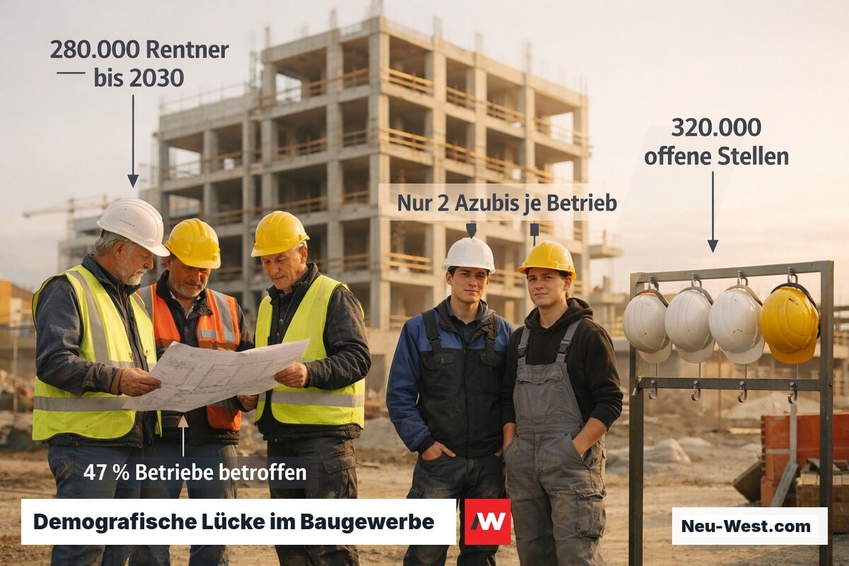 Baustelle mit wenigen Nachwuchskräften und vielen erfahrenen älteren Handwerkern als Symbol für den strukturellen Fachkräftemangel