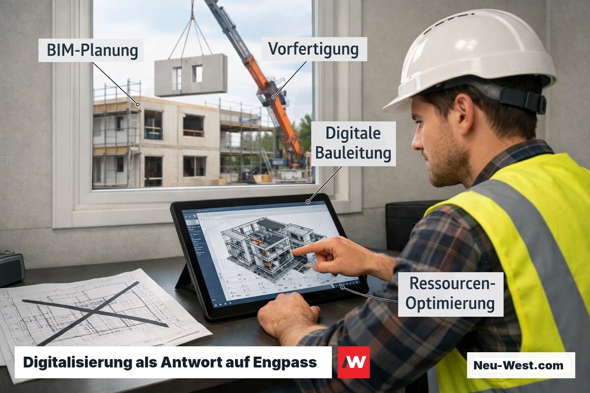 Bauleiter nutzt BIM-Software am Tablet während im Hintergrund vorgefertigte Bauelemente per Kran montiert werden