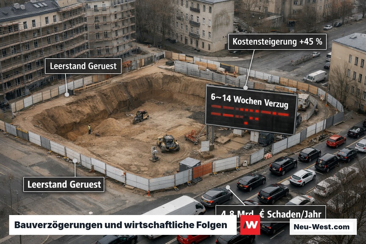 Berliner Großbaustelle mit Verzögerungsanzeigen und wenig Personal als Illustration der wirtschaftlichen Folgen des Fachkräftemangels