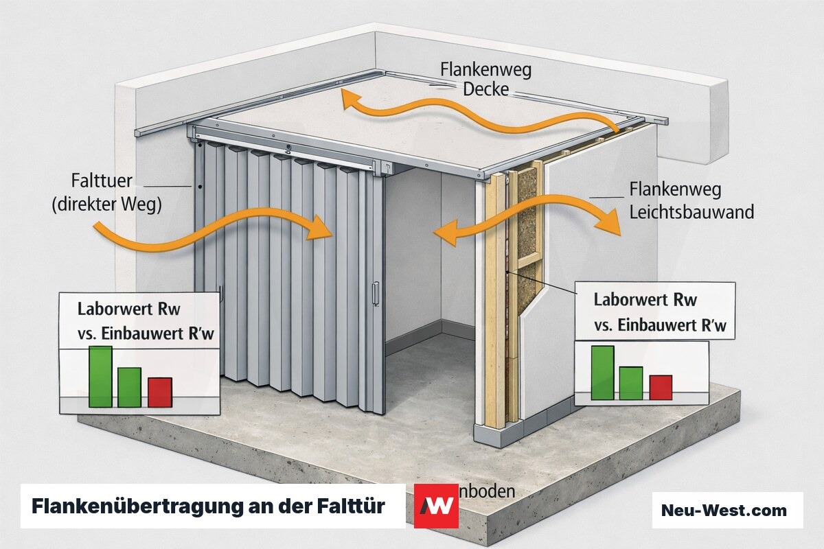 Querschnitt einer Falttür mit Leichtbauwand und abgehängter Decke; Pfeile zeigen Direktschall durch die Tür und flankierende Schallwege, Vergleich Laborwert Rw und Einbauwert R'w.