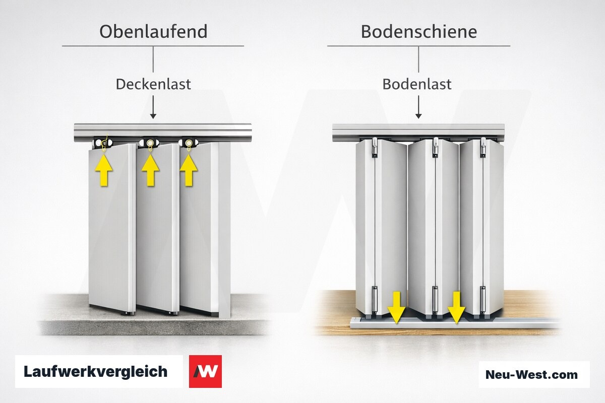 Laufwerkvergleich: Obenlaufend vs. Bodenschiene – Erklär-Grafik (NEUWEST Berlin)