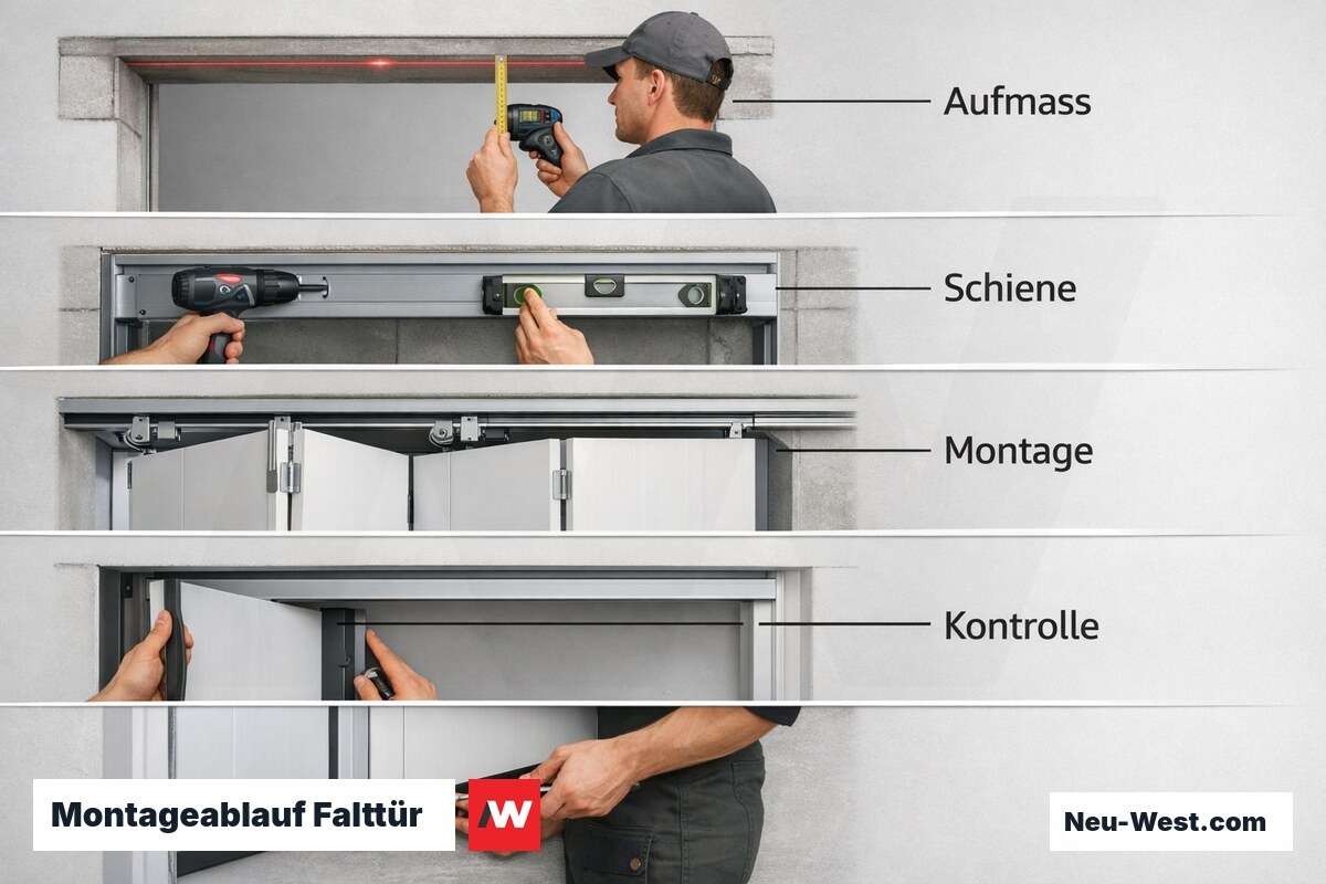 Montageablauf Falttür: 4 Hauptphasen – Erklär-Grafik (NEUWEST Berlin)