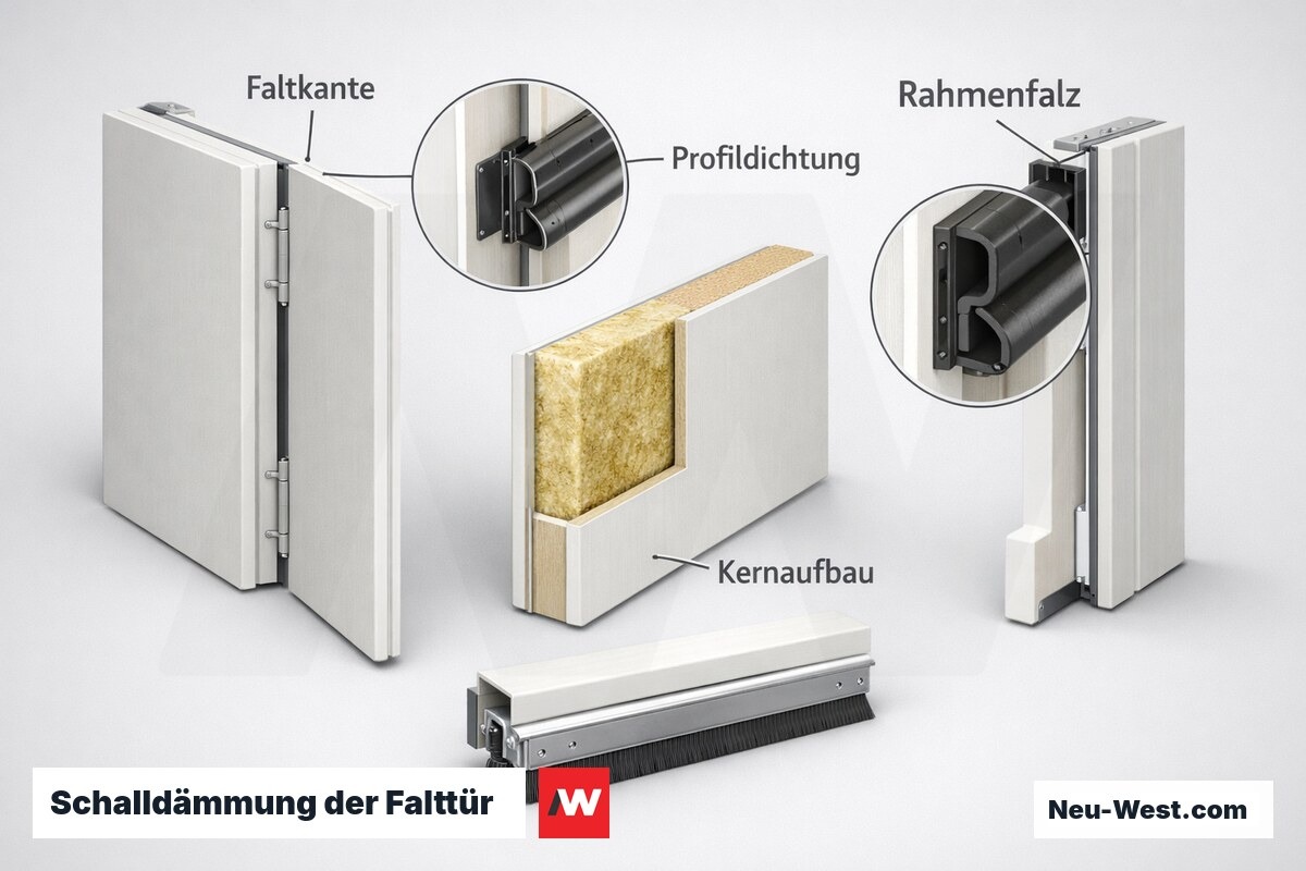 Schalldämmung der Falttür: Schwachstellen und Rw-Richtwerte – Erklär-Grafik (NEUWEST Berlin)