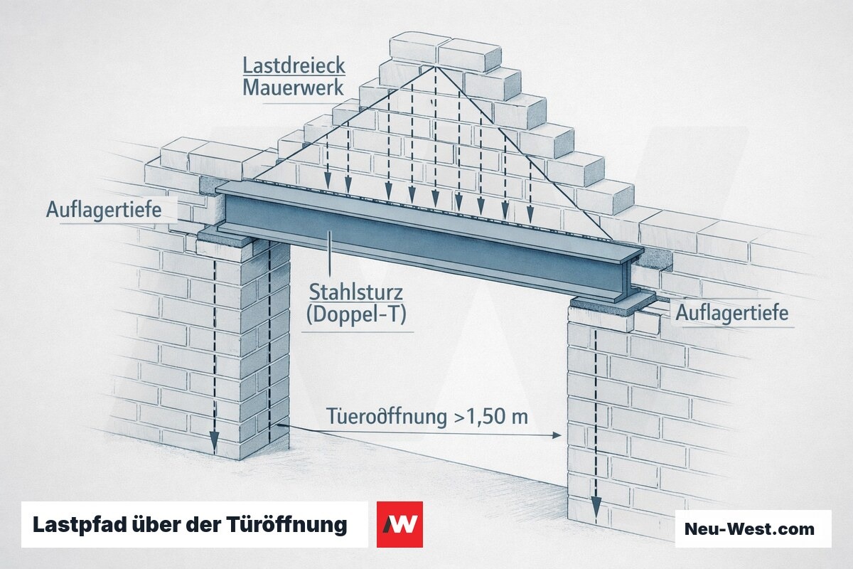 Querschnitt eines Altbau-Mauerwerks mit nachträglichem Stahlsturz (Doppel-T-Profil) über einer Türöffnung und Lastpfad-Verteilung im Mauerwerk.