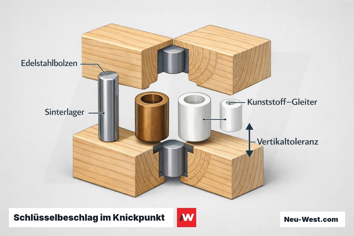 Cutaway-Detail eines Faltwerk-Knickpunkts: Edelstahlbolzen im Sinterlager gegenüber verschlissenem Kunststoff-Gleiter, mit markierter Vertikaltoleranz für saisonale Holzbewegung.