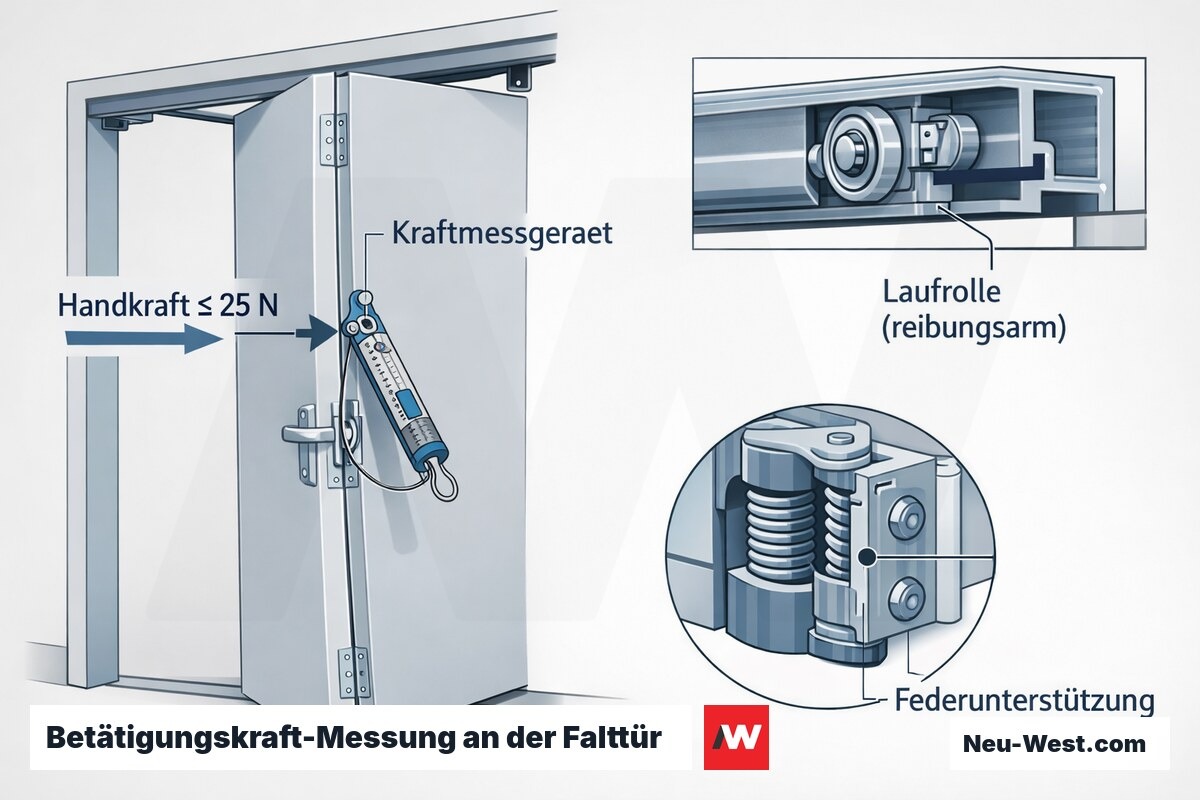 Erklär-Grafik: Kraftmesser prüft die Handkraft von max. 25 N beim Öffnen einer Falttür, mit reibungsarmer Laufrolle und Federunterstützung.
