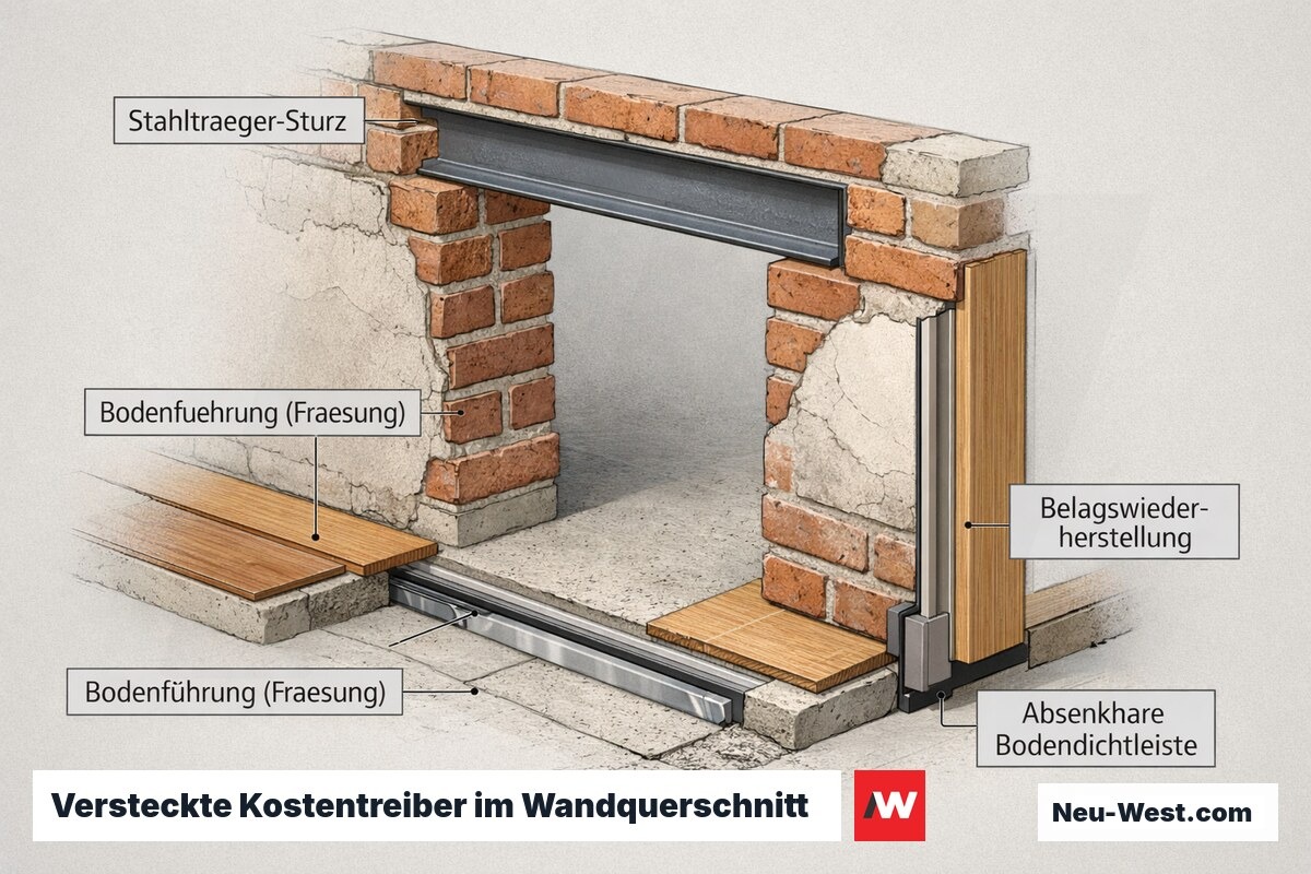 Querschnitt einer Wandöffnung für Falttür mit Stahlträger-Sturz, gefräster Bodenführung, Belagswiederherstellung und absenkbarer Bodendichtleiste.