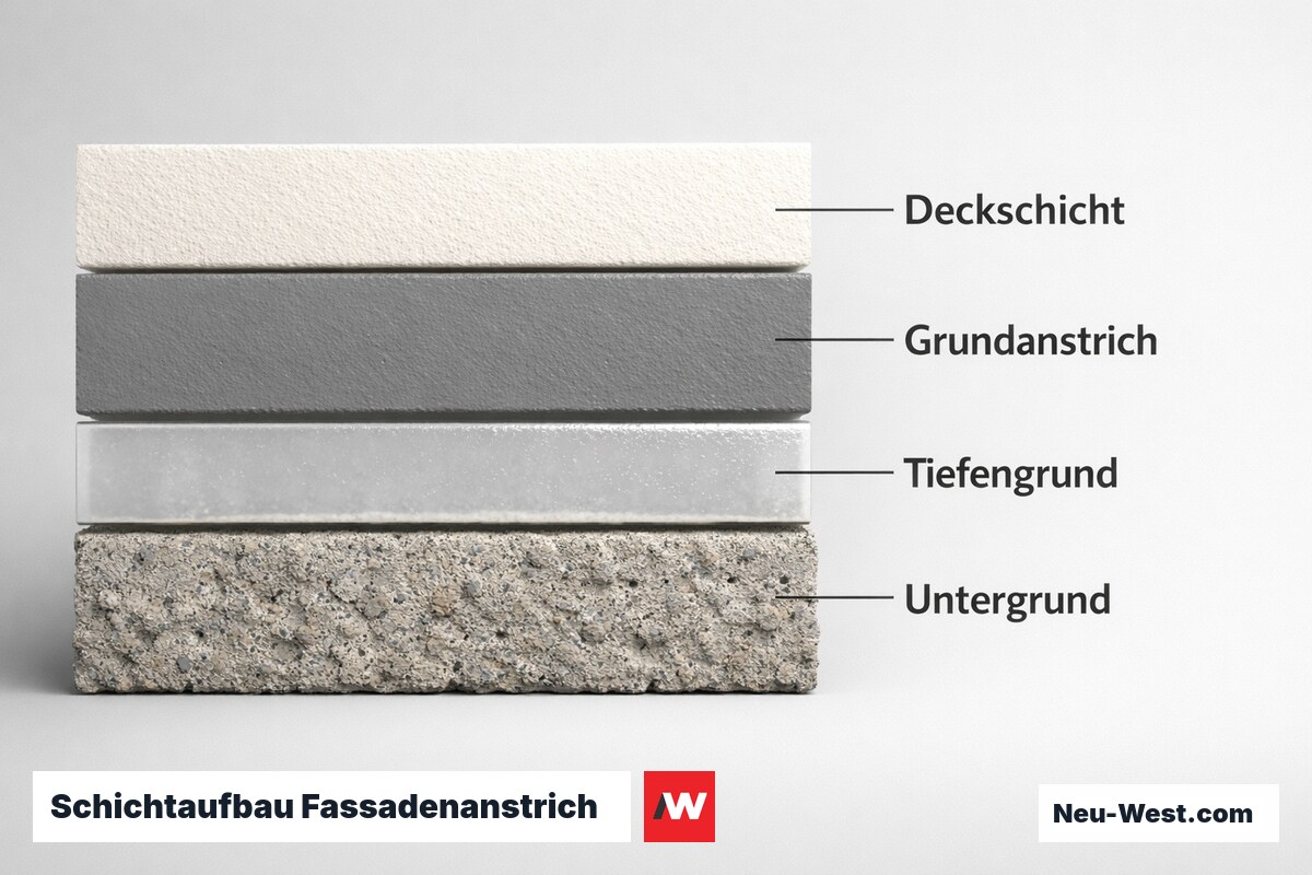 Schichtaufbau Fassadenanstrich je Untergrundtyp – Erklär-Grafik (NEUWEST Berlin)