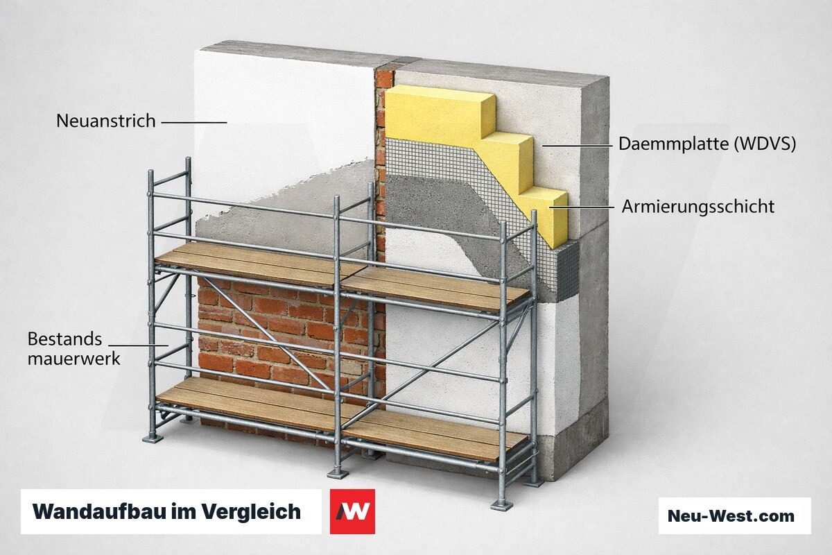Vergleichender Wandquerschnitt: links reiner Neuanstrich auf Bestandsmauerwerk, rechts WDVS mit Dämmplatte, Armierung und Deckanstrich, davor Gerüst.