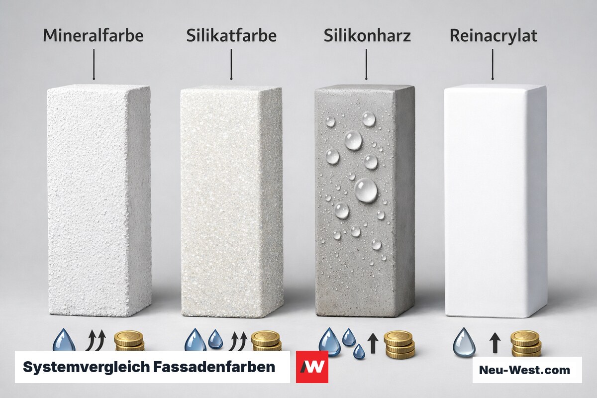 Systemvergleich Fassadenfarben: Diffusion, Wasserabweisung, Preis – Erklär-Grafik (NEUWEST Berlin)