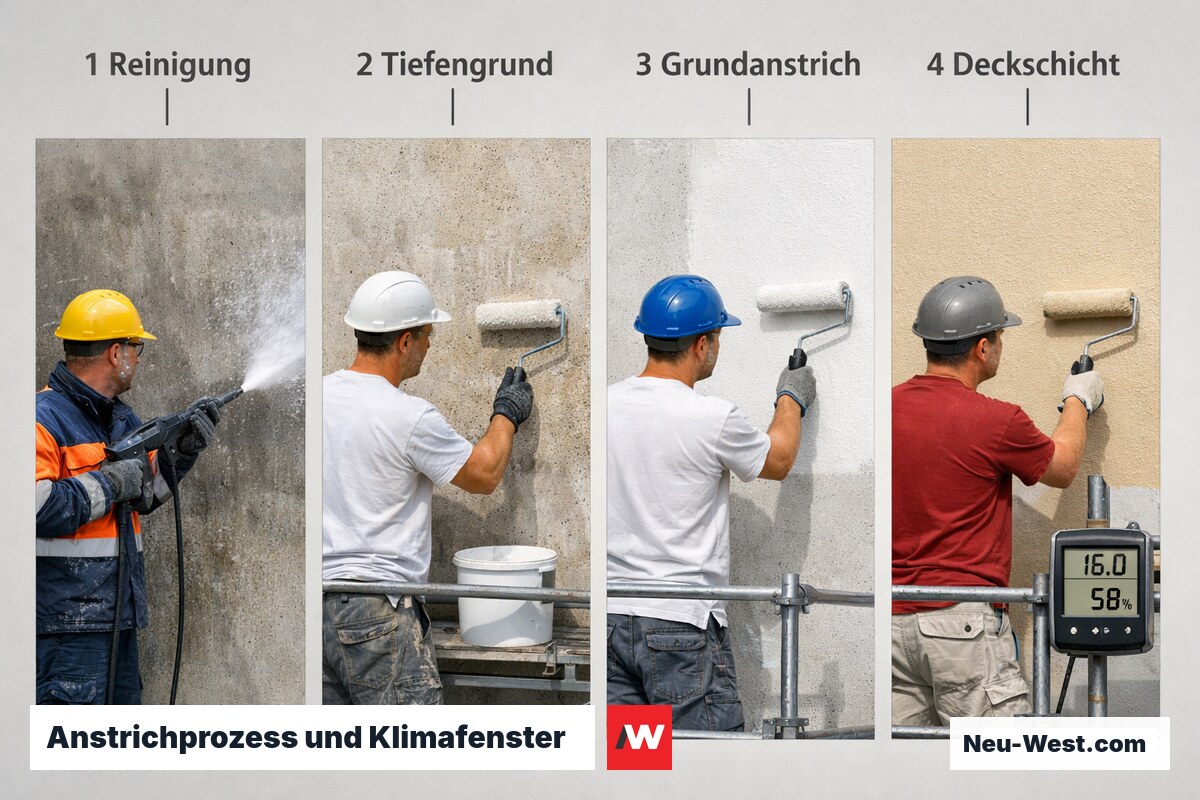 Anstrichprozess und Klimafenster: Arbeitsschritte und Sperrzeiten – Erklär-Grafik (NEUWEST Berlin)
