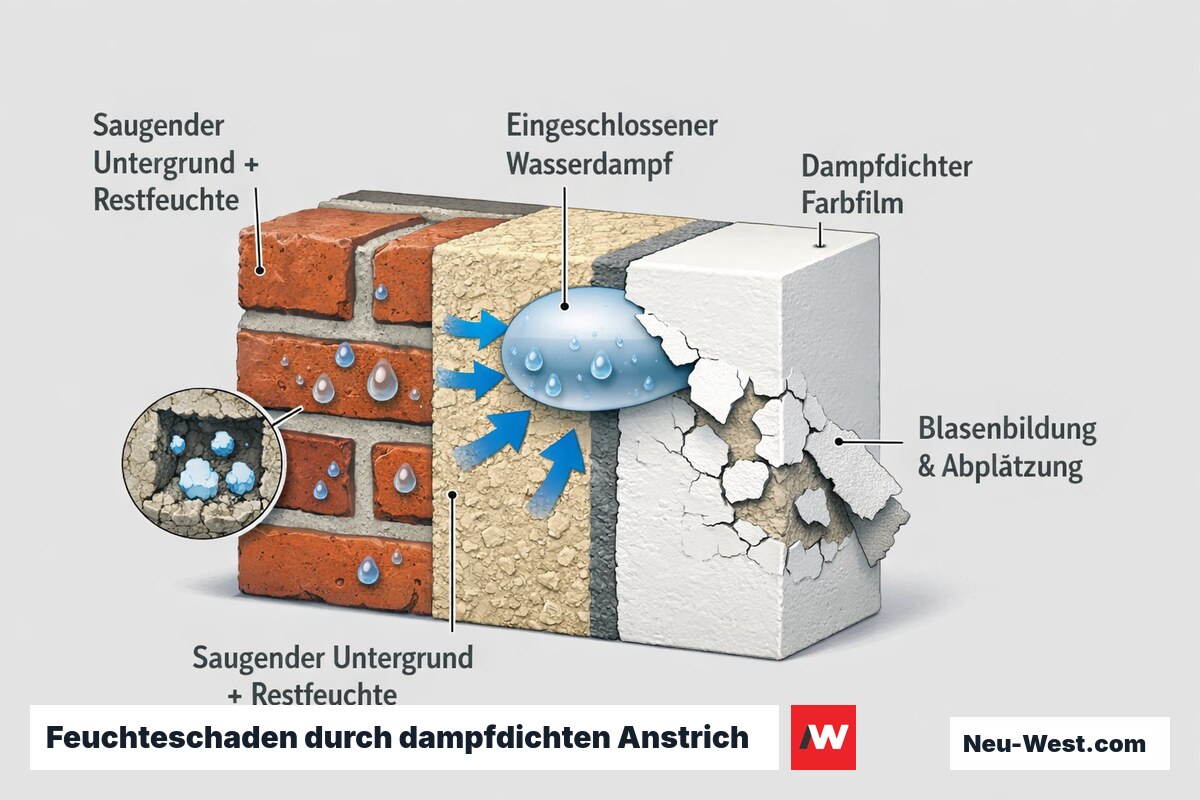 Wandquerschnitt: eingeschlossener Wasserdampf hinter dampfdichtem Farbfilm auf feuchtem Untergrund fuehrt zu Blasenbildung und Abplatzungen.
