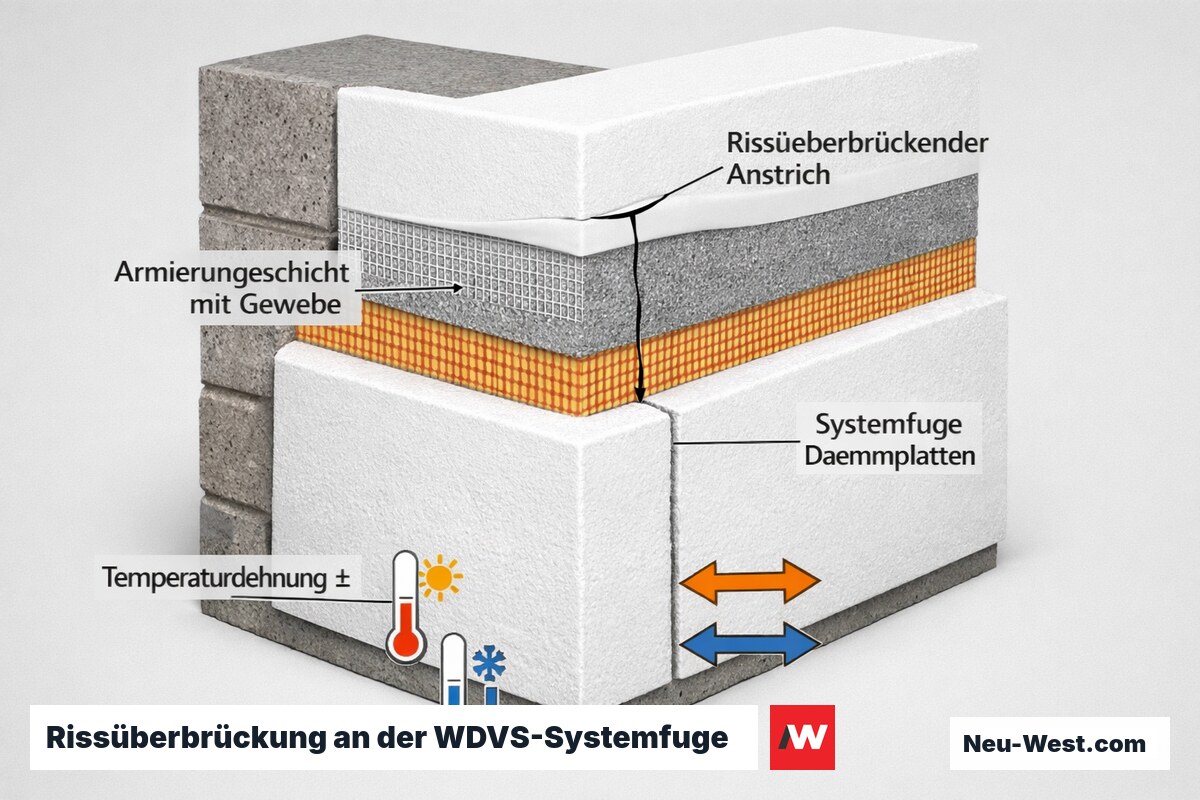 Querschnitt eines WDVS-Fassadenaufbaus mit Dämmplattenfuge, Armierungsschicht und elastischem Anstrich, der einen Riss an der Systemfuge bei Temperaturdehnung überbrückt.