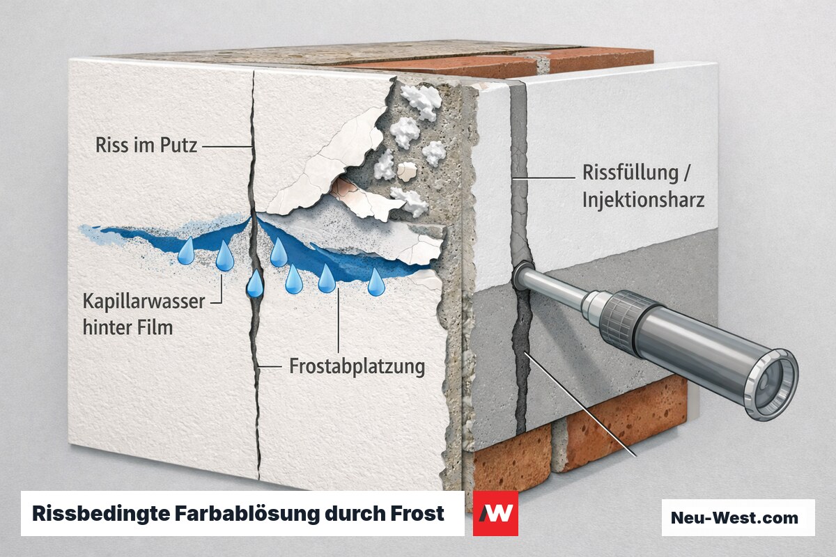 Fassaden-Querschnitt: Regenwasser dringt in Putzriss, wandert hinter den Farbfilm und sprengt ihn bei Frost ab; daneben mit Spachtel und Injektionsharz sanierter Riss.