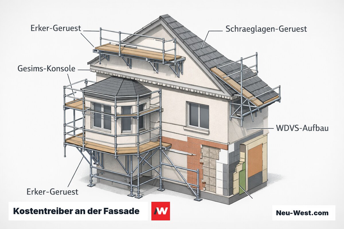 Erklär-Illustration eines Einfamilienhauses mit Gerüst: Erker, Gesims, Schräglage und WDVS-Aufbau als Hauptkostentreiber der Fassadenarbeiten.