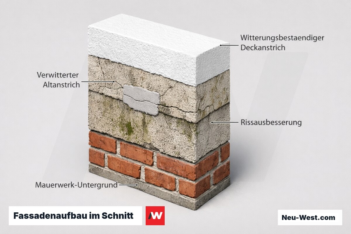 Querschnitt einer Fassade mit verwittertem Altanstrich, Rissausbesserung, witterungsbeständigem Deckanstrich und Mauerwerk-Untergrund.