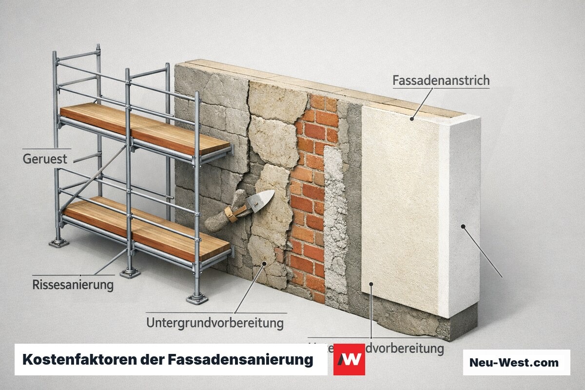 Querschnitt-Illustration einer Fassade mit Anstrich, Untergrundvorbereitung, Rissesanierung und Gerüst als Kostenfaktoren.