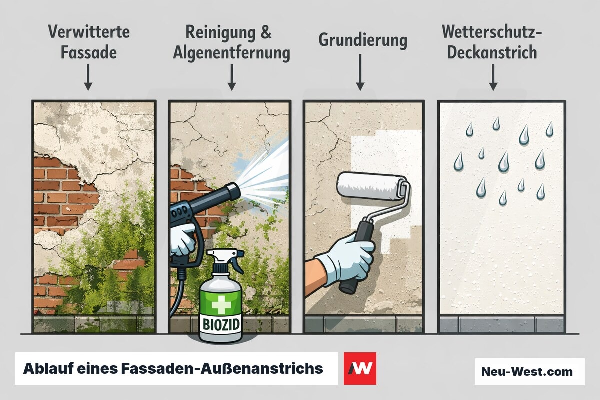 Prozess-Sequenz eines Fassadenanstrichs in vier Schritten: verwitterte Fassade, Reinigung und Algenentfernung, Grundierung und witterungsbeständiger Deckanstrich.