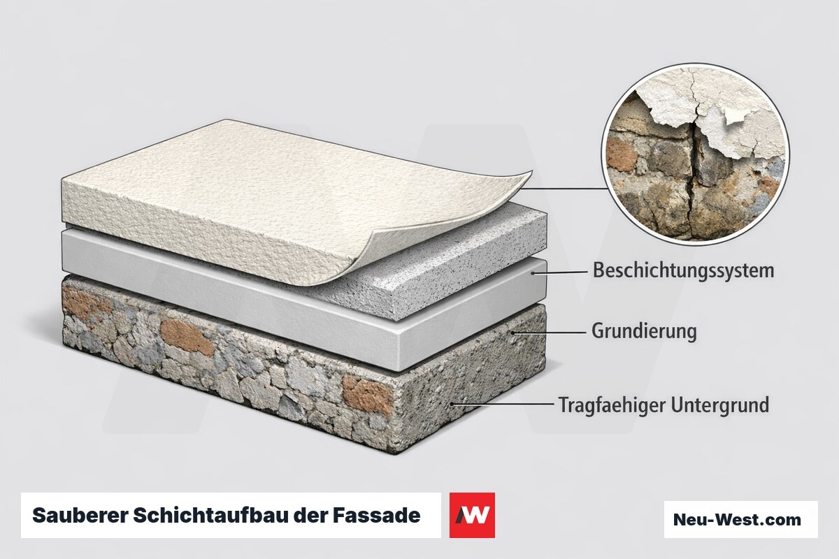 Schichtaufbau einer Fassade: tragfähiger Untergrund, Grundierung und witterungsbeständiges Beschichtungssystem, mit Hinweis auf versteckte Schäden unter altem Anstrich.