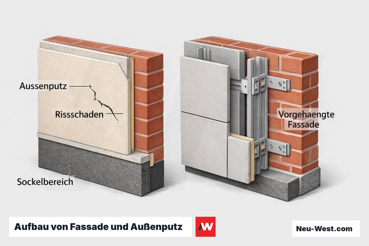 Querschnitt einer Gebäudefassade mit Außenputz, Sockelbereich, vorgehängtem Fassadensystem und sichtbarem Rissschaden.