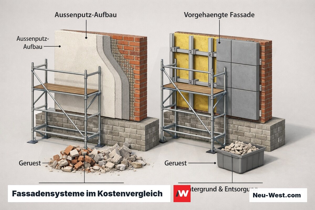 Querschnitt-Vergleich von einfachem Außenputz und vorgehängter Fassade mit Gerüst und Entsorgung als Kostenfaktoren.
