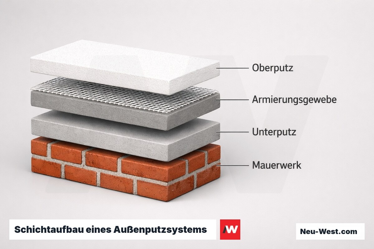 Schichtdiagramm eines Außenputzsystems mit Mauerwerk, Unterputz, Armierungsgewebe und Oberputz als getrennte, gestapelte Aufbauschichten.