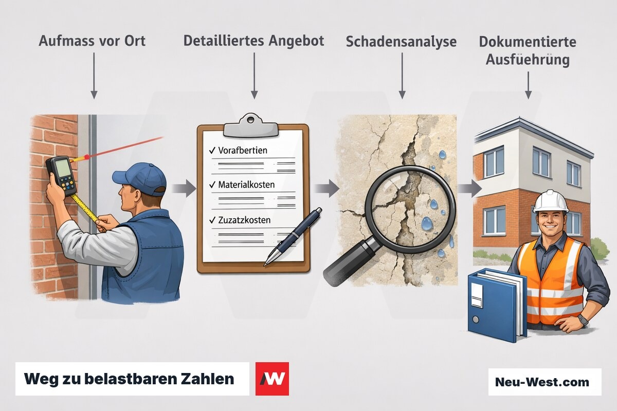 Prozess-Sequenz von Aufmaß über detailliertes Angebot und Schadensanalyse bis zur dokumentierten Ausführung der Fassadenarbeiten.