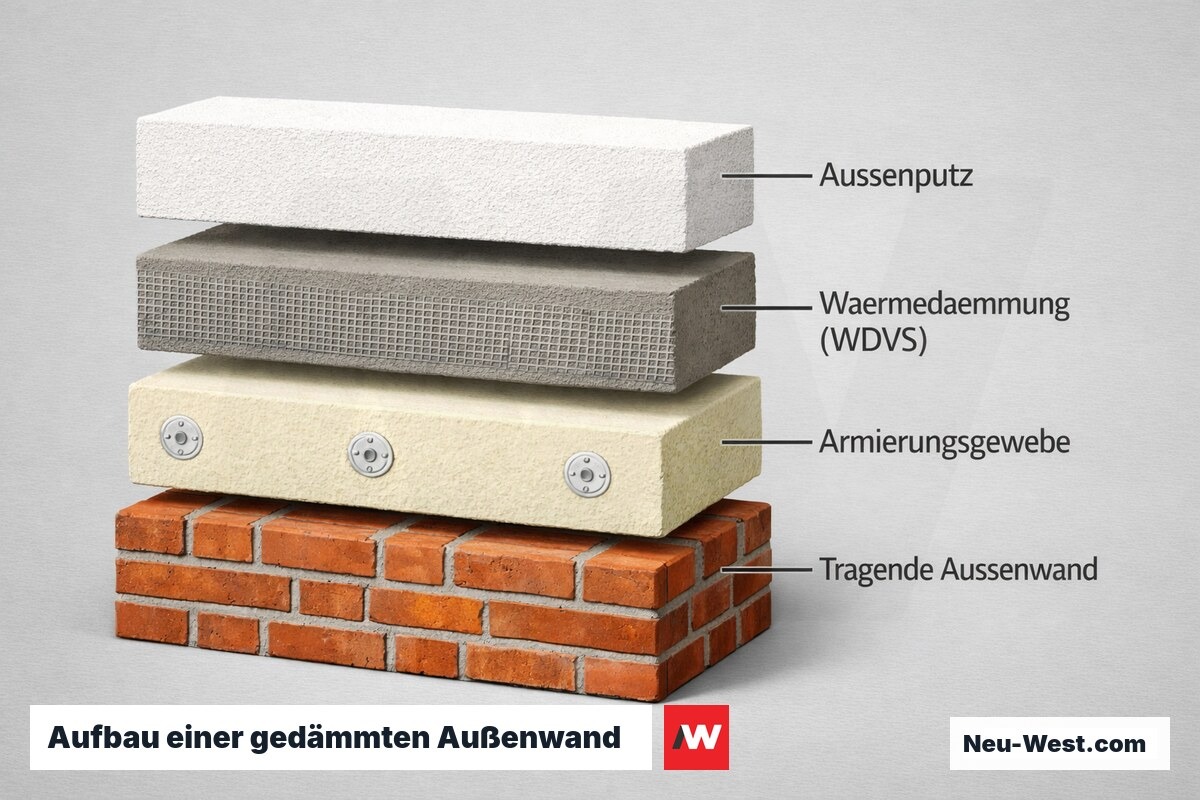 Querschnitt einer gedämmten Außenwand mit Mauerwerk, Wärmedämmung, Armierungsgewebe und Außenputz im Schichtaufbau.