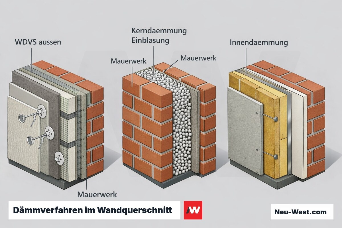 Wandquerschnitt vergleicht drei Dämmverfahren: WDVS außen, Kerndämmung als Einblasdämmung im Hohlraum und Innendämmung auf dem Mauerwerk.